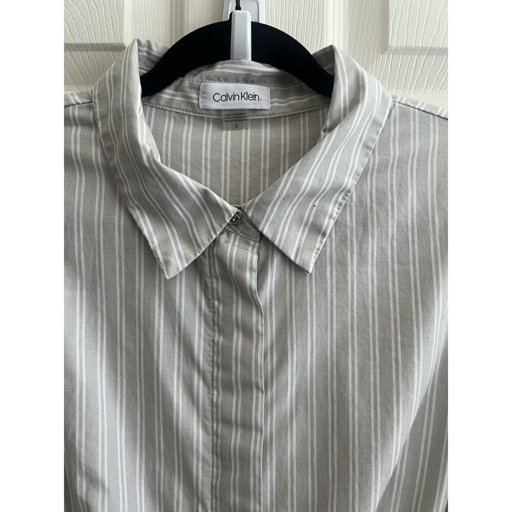 CALVIN KLEIN Gray Striped Button Front Tie Waist Shirt Maxi Dress - Picture 5 of 14